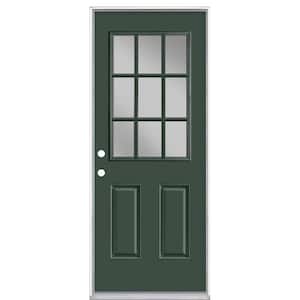 32 in. x 80 in. 9 Lite Conifer Right-Hand Inswing Painted Smooth Fiberglass Prehung Front Door with No Brickmold