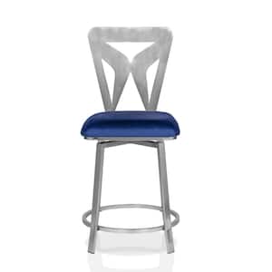 Ackfel 41 in. Satin Plated and Navy High Back Metal Extra Tail Foot Rest Cushioned Bar Stools (Set of 2)
