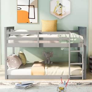 Gray Full Over Full Bunk Bed with Ladder, Wooden Low Bunk Bed Frame for Kids, Teens, No Box Spring Needed