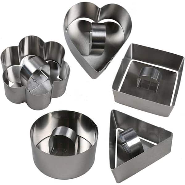 5-Pieces Stainless Steel Cake Ring Mold Set Round Heart Square Shape Cutters for Salads Cakes Cookies Desserts
