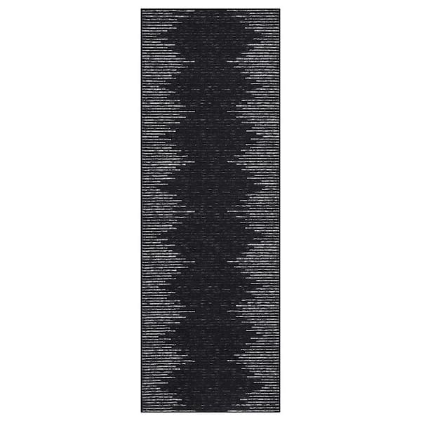 Washable Black 2 ft. x 6 ft. Modern Striped Printed Rug Low Pile Soft Thin Carpet Stain Resistant Non-Slip Area Rug