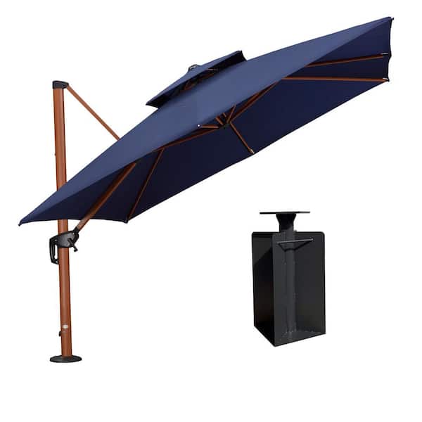 PURPLE LEAF 10 ft. Square High-Quality Wood Pattern Aluminum Cantilever Polyester Patio Umbrella with Base in Ground, Navy Blue