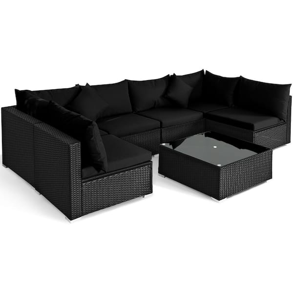 7-Piece Rattan Patio Conversation Set Sectional Furniture Set with Black Cushion