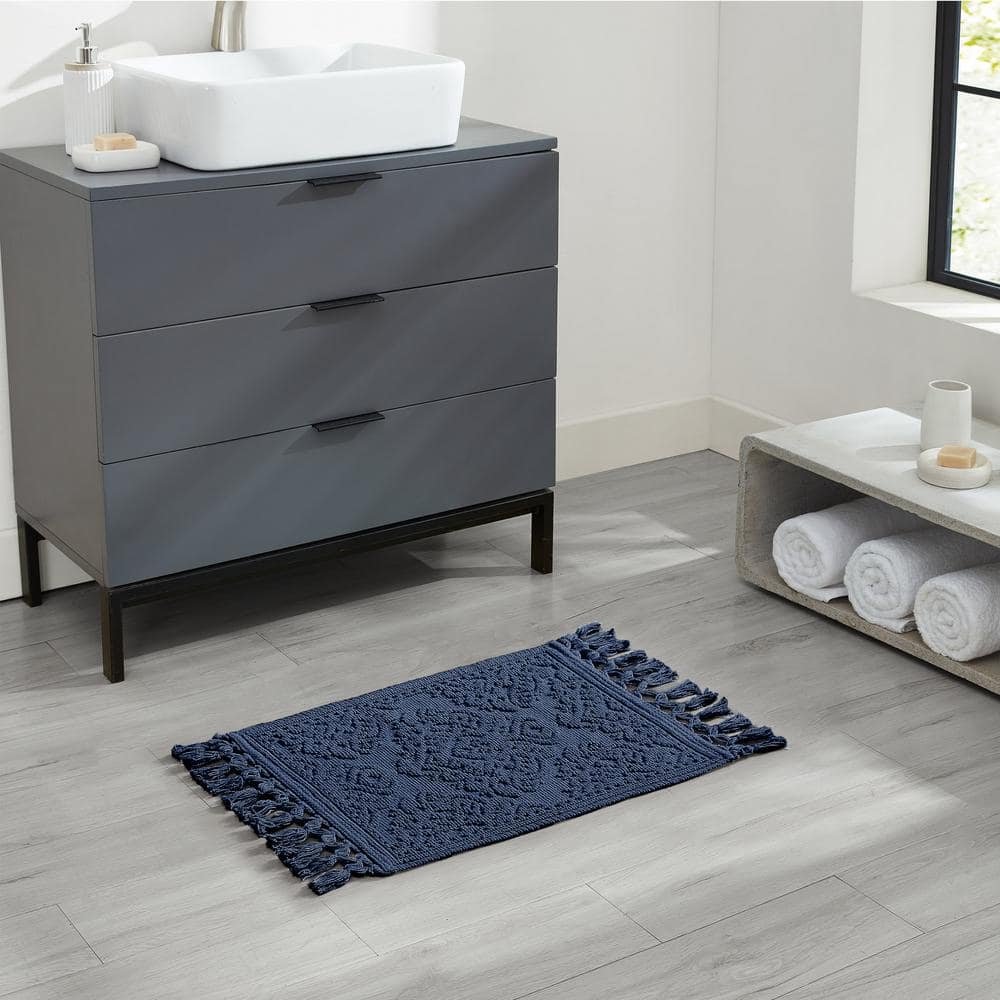 Indigo Cotton Fringe Geometric Bath Rug 21" x 41"