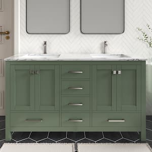 Anneliese 60 in. W. x 21 in. D x 35 in. H Double Sink Freestanding Bath Vanity in Forest Green with Carrara Marble Top