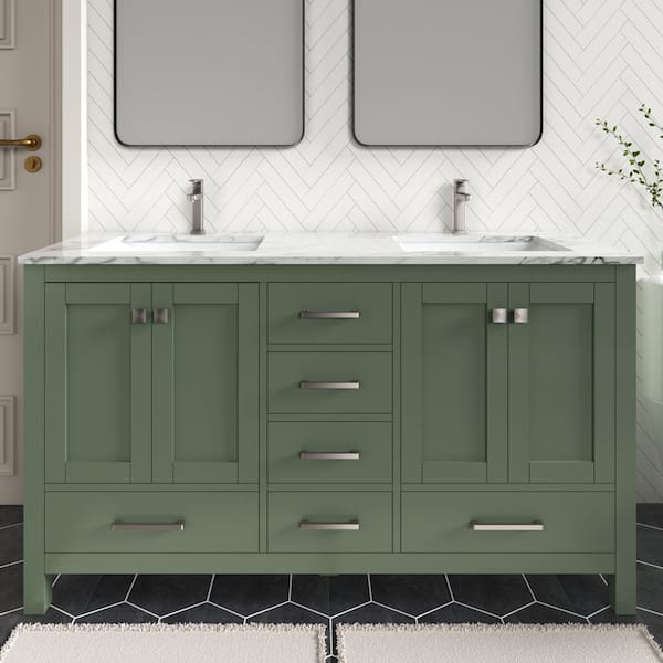 HOMEVY STUDIO Anneliese 60 in. W. x 21 in. D x 35 in. H Double Sink Freestanding Bath Vanity in Forest Green with Carrara Marble Top