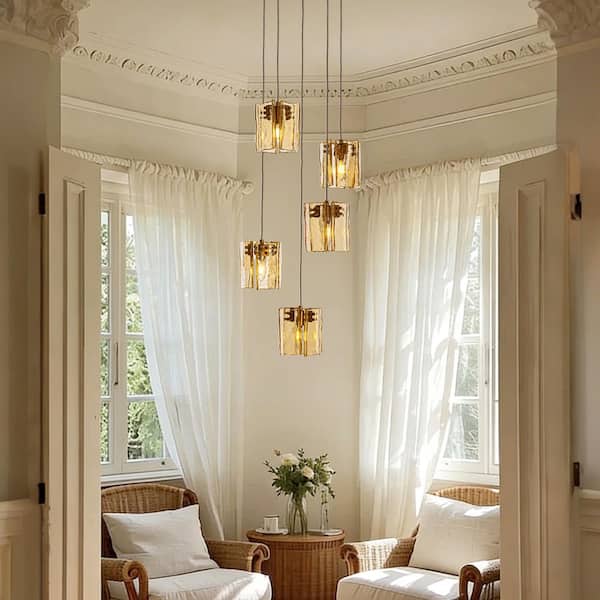 Contemporary 5-Light Amber Glass Globe Chandelier Modern Pendant Light for Kitchen Island Bedroom Entryway