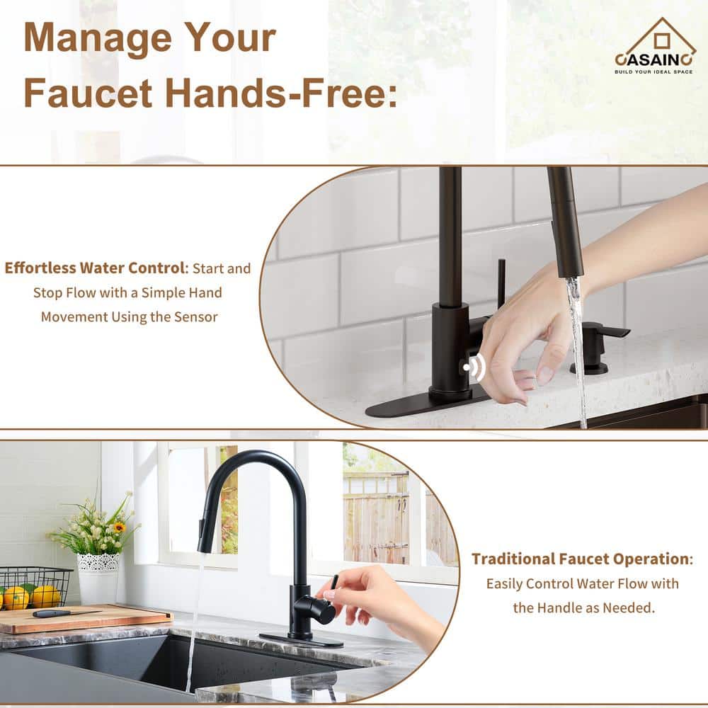 Matte Black Stainless Steel Touchless Kitchen Faucet with Pull-out Spray