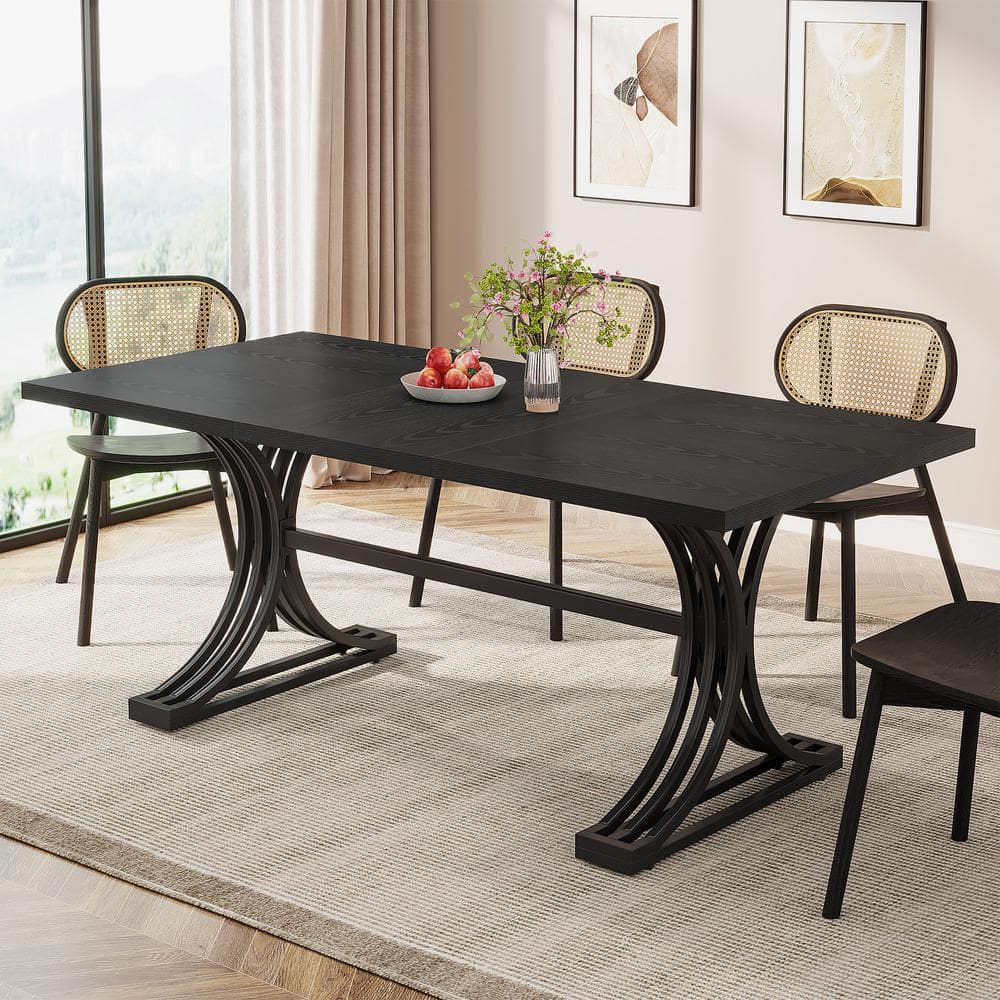 Roesler Black 63 in. Rectangle Wood Dining Table with Black Metal Double Pedestal Dining Table (Seats-6), Only Table price history on PriceWatchPro