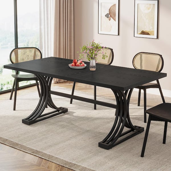 BYBLIGHT Roesler Black 63 in. Rectangle Wood Dining Table with Black Metal Double Pedestal Dining Table (Seats-6), Only Table