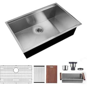 Brushed Chrome 18 Gauge 32 in. Single Bowl Corner Undermount Workstation without Faucet