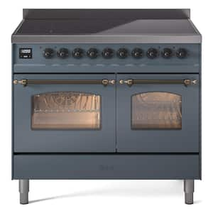 Nostalgie II 40 in. 6 Burner Plus Griddle Freestanding Double Oven Dual Fuel Range in Blue Grey with Bronze