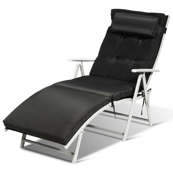 FORCLOVER Adjustable Metal Lightweight Folding Outdoor Chaise Lounge Chair with Black Cushion