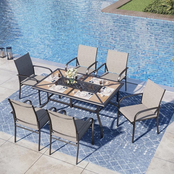 PHI VILLA Black 7-Piece Metal Geometric Rectangle Table Outdoor Patio Dining Set with Brown Textilene Chairs