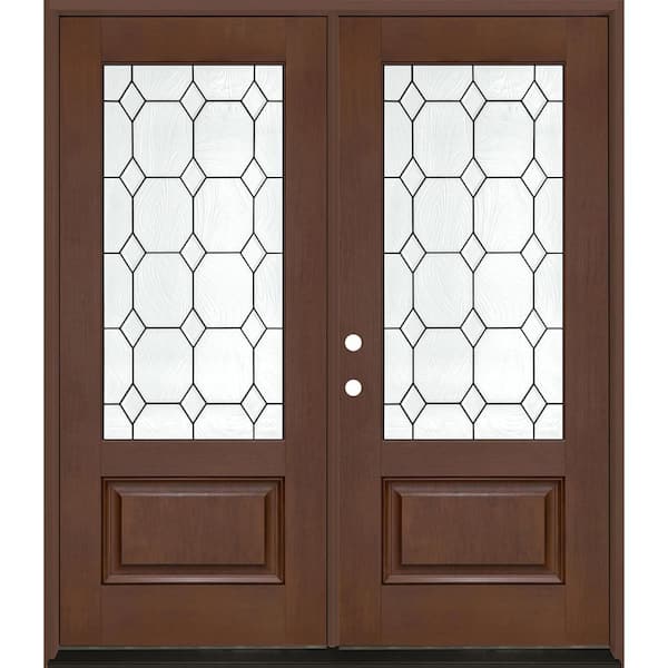 Regency 72 in. x 80 in. 3/4L Marquise Glass RHIS Chestnut Stain Fiberglass Double Prehung Front Door with 4-9/16 Jamb
