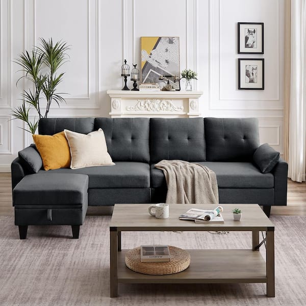 STICKON 101 in. W Slope Arms 4-Seat L Shaped Fabric Modern Sectional Sofa in Dark Grey with Storage Ottoman and Side Bags