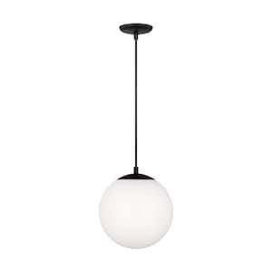 Leo 10 in. Medium 1-Light Matte Black Hanging Globe Pendant Light with Smooth White Glass Shade, LED Bulb Included