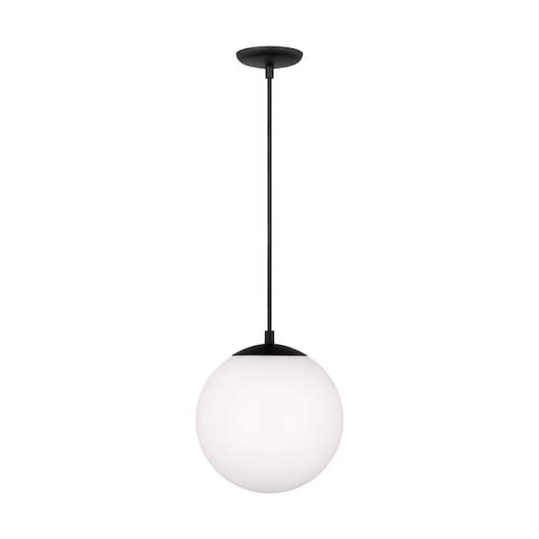 Generation Lighting Leo Hanging Globe 10 in. 1-Light Midnight Black Pendant Light with Smooth White Glass Shade and LED Light Bulb