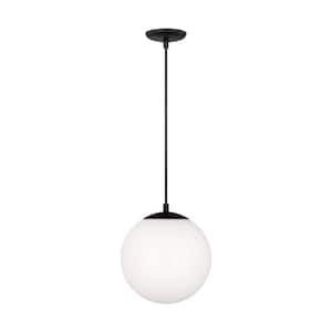 Leo Hanging Globe 10 in. 1-Light Midnight Black Pendant with Smooth White Glass Shade