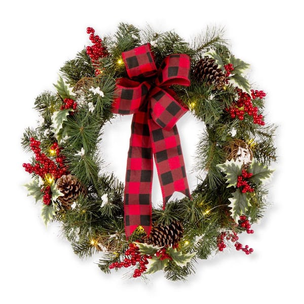 Glitzhome 24 in. LED Pre-Lit Greenery Buffalo Bow Berry Holly Pine Cone Rattan Artificial Christmas Wreath