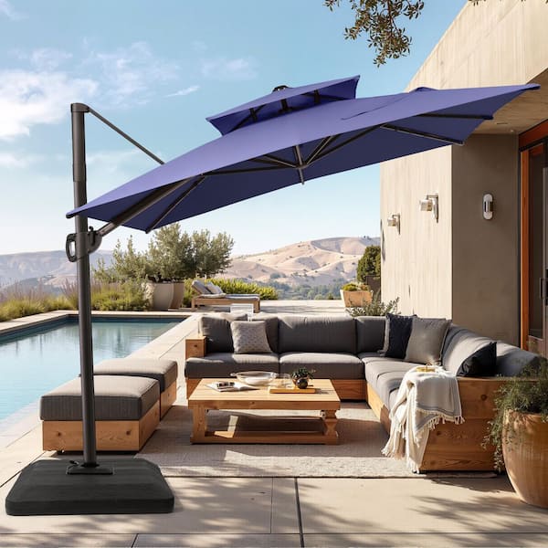 9 ft. x 11 ft. Dual Top Outdoor Offset Cantilever 360° Rotation Patio Umbrella in Navy Blue with 350 lbs. Weighted Base