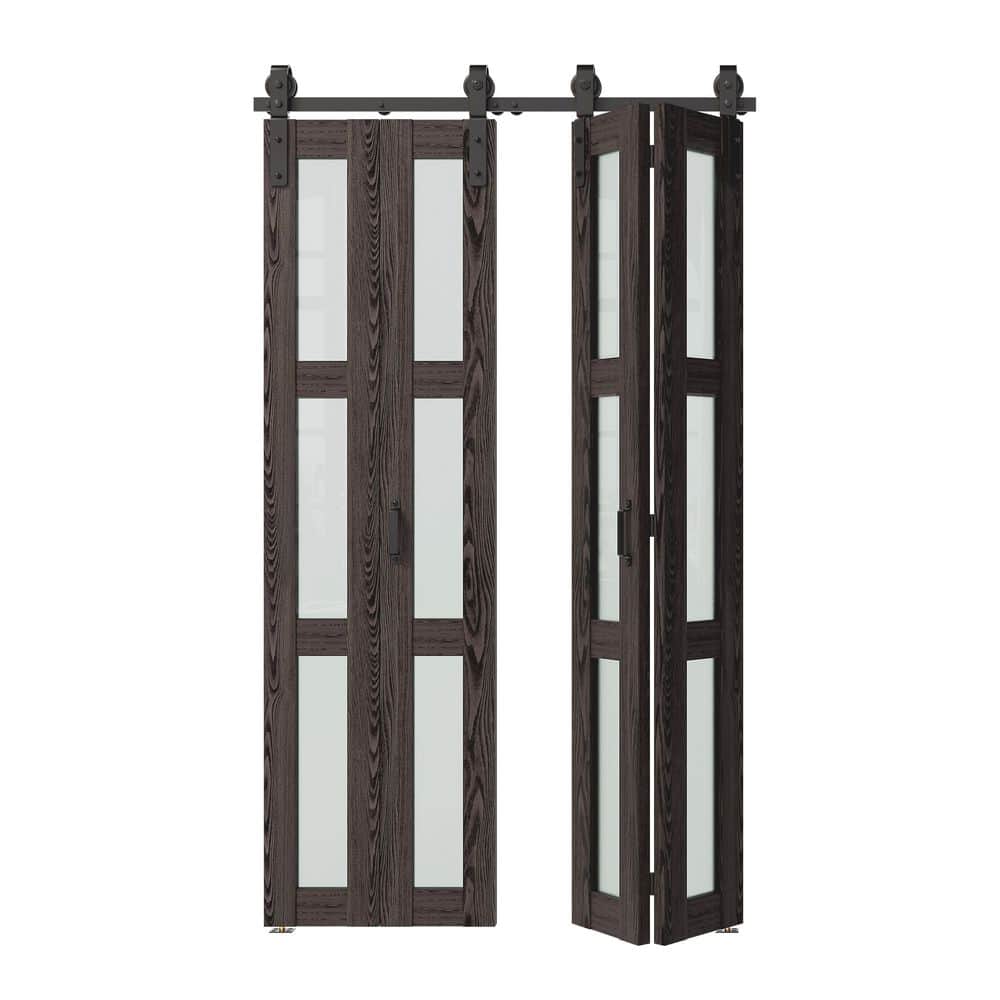 48 in. x 84 in. Dark Brown, Finished, MDF, Frosted Glass Bi-Fold Style, 3-Lite Glass Sliding Barn Door with Hardware Kit price history on PriceWatchPro