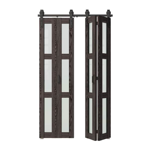 48 in. x 84 in. Dark Brown, Finished, MDF, Frosted Glass Bi-Fold Style, 3-Lite Glass Sliding Barn Door with Hardware Kit