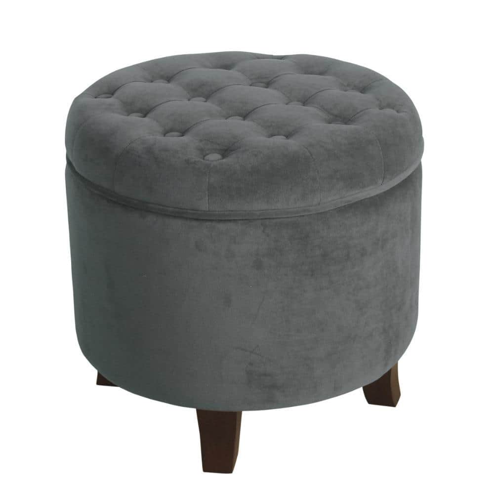 Gray and Brown Velvet Round Storage Ottoman