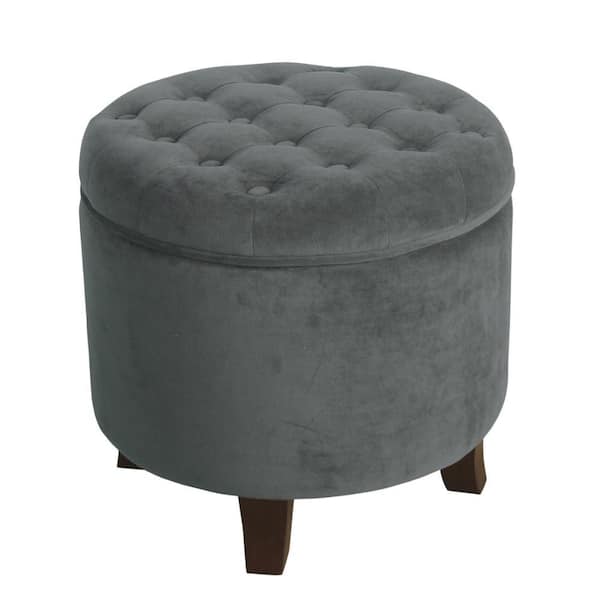 Benjara Gray and Brown Velvet Round Storage Ottoman