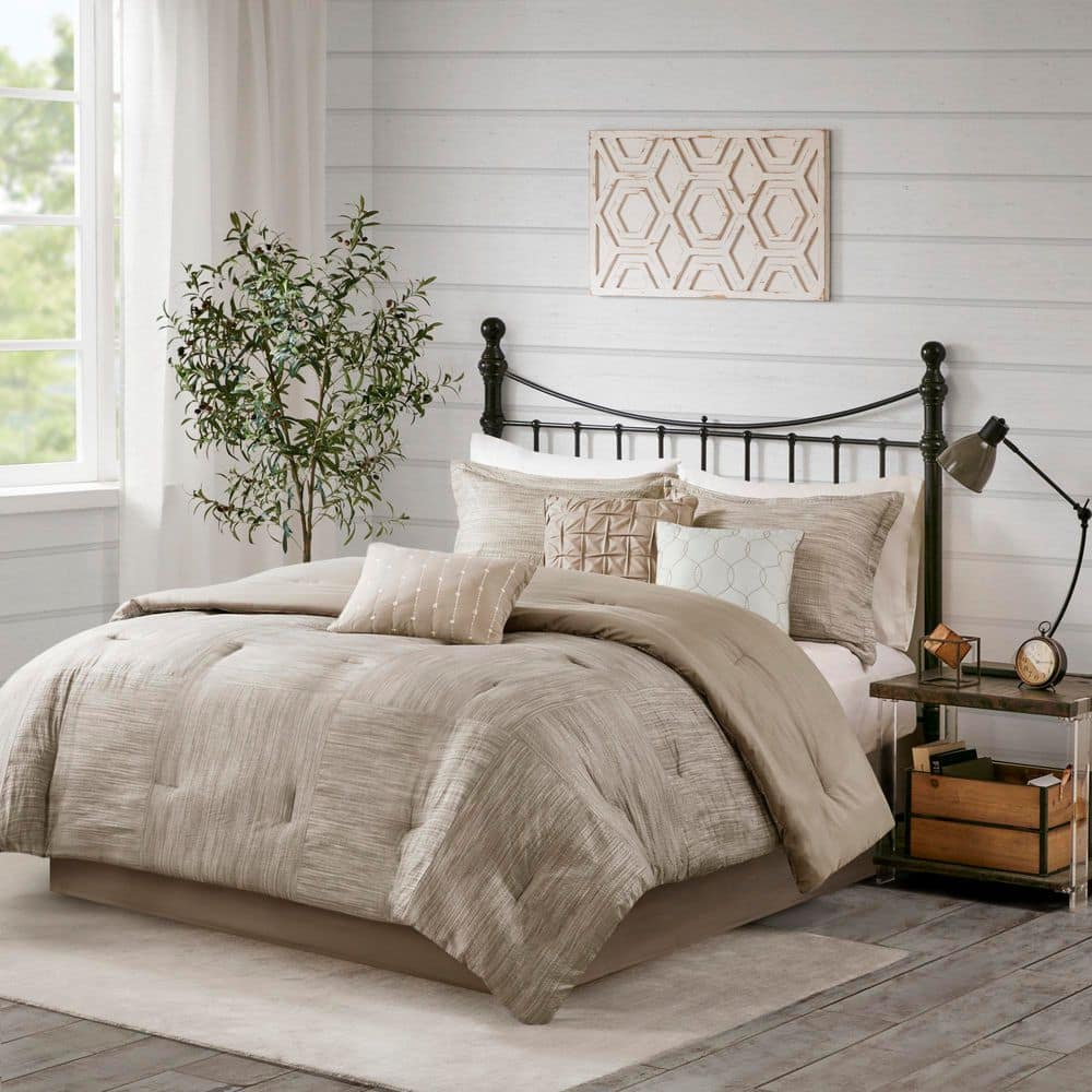 Taupe Queen Reversible Microfiber Comforter Set with Decorative Pillows