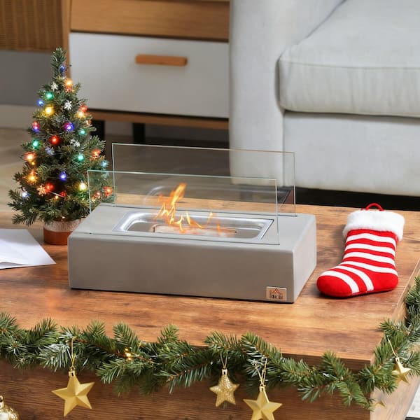 Tabletop Fireplace 13 in. Direct Vent Ethanol Fireplace with Stainless Steel Lid for Indoor and Outdoor in Light Gray