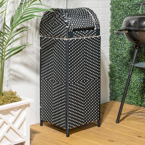 Ellison 31.39 Gal. All-Weather Wicker/Metal Swing Top Lid Hideaway Outdoor Trash Can, Dark Navy/White