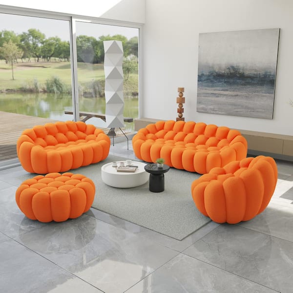 Set of 4 Armless Fabric 98.4 in. Curved Sectional Sofa 3-Seat Bubble Floor Couch with Loveseat, Chair, Ottoman in Orange