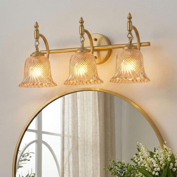 21.26 in. 3-Light Vintage Gold Bathroom Vanity Light Modern Wall Light Over Mirror Textured Glass Shade