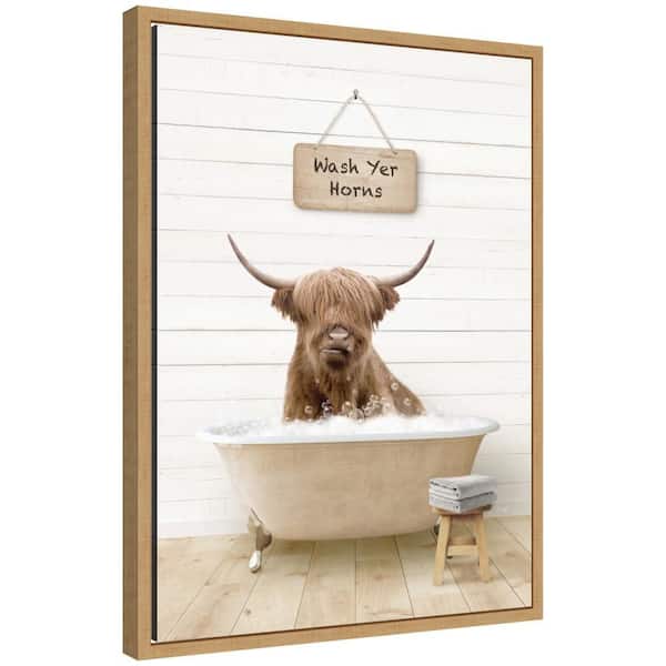 Sylvie "Highland Cow in Modern Bathtub Wash Your Horns in. by Amy Peterson Framed Art Print 24 in. x 18 in.