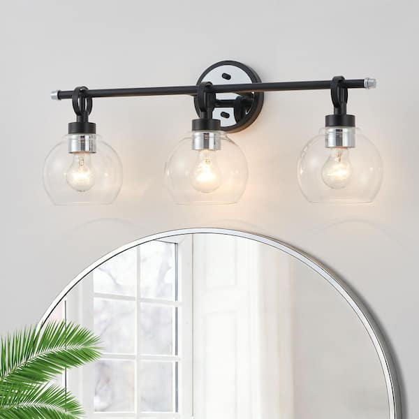 25 in. 3 Light Black and Chrome Vanity Light with Clear Glass Shade