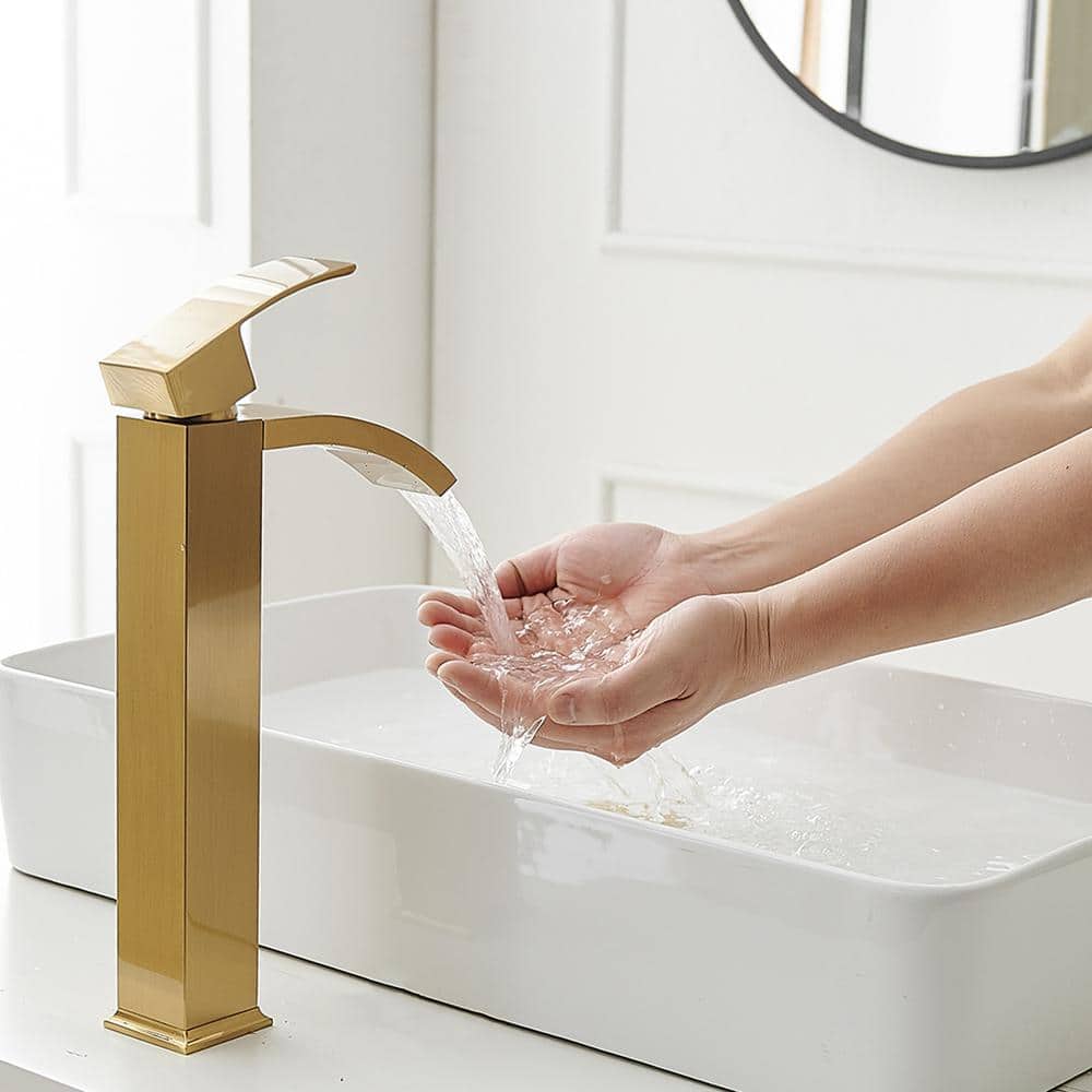Brushed Gold Single Handle Waterfall Vessel Sink Faucet