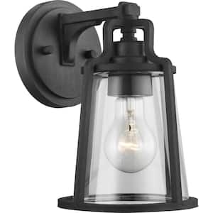 Benton Harbor Collection 1-Light Textured Black Clear Glass Urban Industrial Outdoor Small Wall Lantern Light