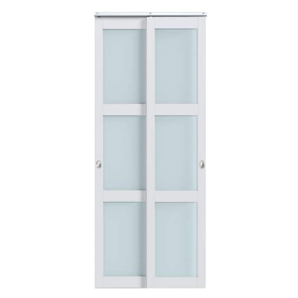 56 in. x 80 in. 3-Lites Frosted Glass Preassembled White MDF Sliding Door with Bypass Hardware Kit