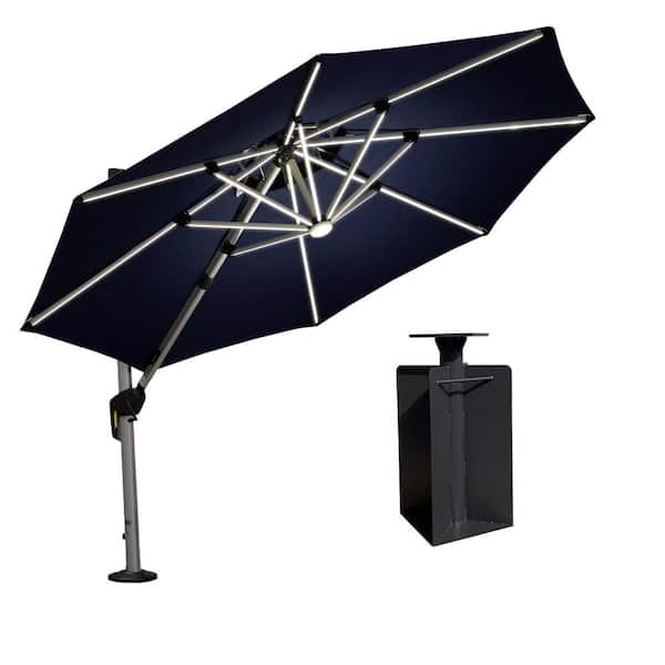 PURPLE LEAF 10 ft. Octagon Aluminum Solar Powered LED Patio Cantilever Offset Umbrella with Base in Ground, Navy Blue