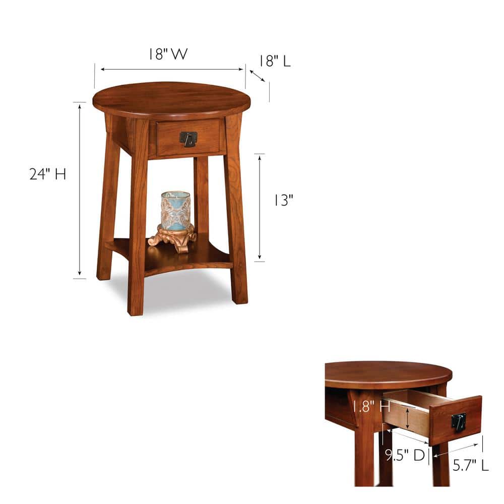 Russet Solid Wood Round End Table with Drawer and Shelf