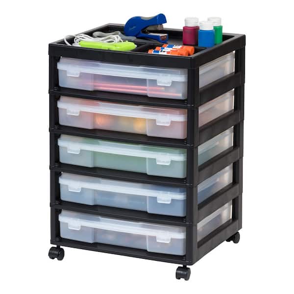 5 Drawers Plastic Scrapbook Rolling Storage Cart with Organizer Top and Casters, Black