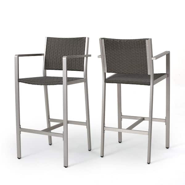 Aluminum Outdoor Bars Tools with PE Rattan Seat and Backrest, Grey and Silver (2-Pack)