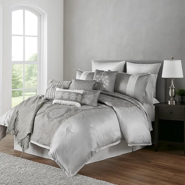 12-Piece Gray Medallion Polyester Queen Comforter Set