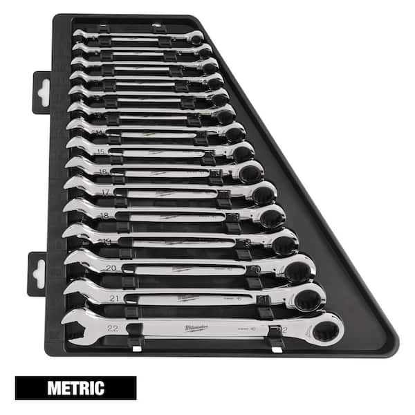 Milwaukee 48-22-9516 - 15-Piece Metric 12-Point Straight Head Ratcheting Combination Wrench Set with Storage Tray