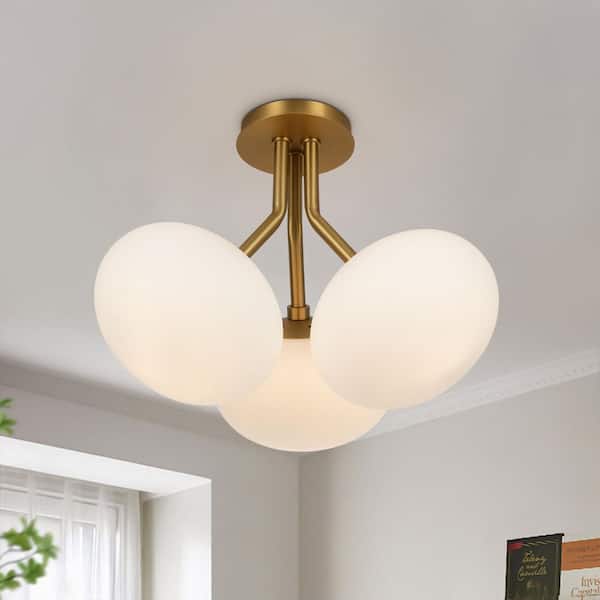 HUOKU Kza 3-Light 16.9 in. W Brushed Gold Semi-Flush Mount Branch Sputnik Ceiling Light with Oval Opal Glass for Kitchen
