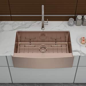 30 in. Farmhouse/Apron-front Single Bowl 16 -Gauge Rose Gold Stainless Steel Kitchen Sink with Bottom Grids