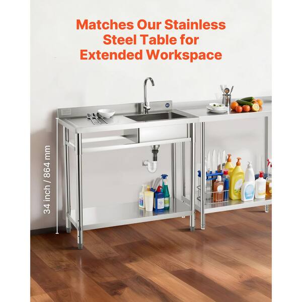 Stainless Steel Utility Sink, Free Standing Single Bowl Commercial Kitchen Sink Set/Workbench, 39.4 x 19.1 x 37.4 in.