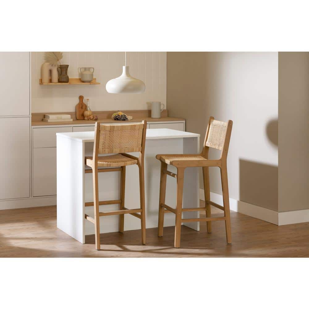 Natural Wood and Rattan Bohemian Bar Stools, Set of 2