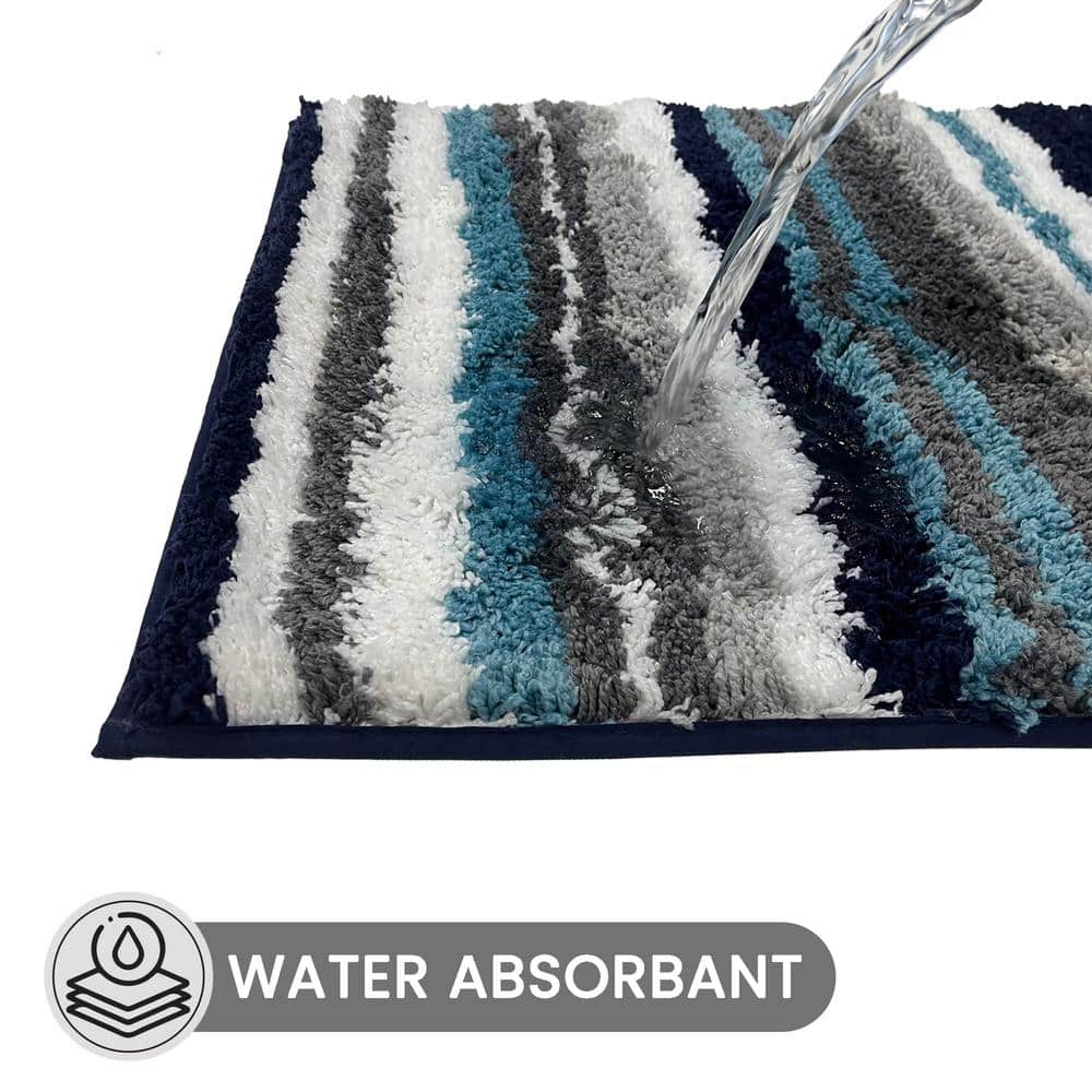 Griffie Blue and Gray Polyester Striped Bath Runner Rug